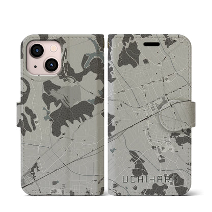 【内原（茨城県）】地図柄iPhoneケース（手帳タイプ）モノトーン・iPhone 13 mini 用