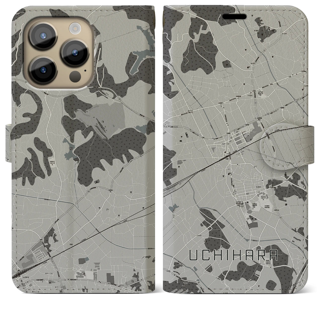 【内原】地図柄iPhoneケース（手帳両面タイプ・モノトーン）iPhone 14 Pro Max 用