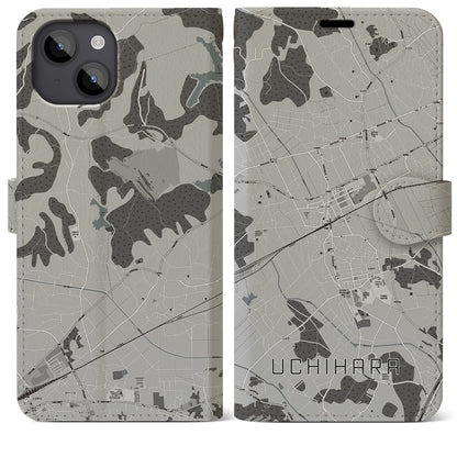 【内原（茨城県）】地図柄iPhoneケース（手帳タイプ）モノトーン・iPhone 14 Plus 用