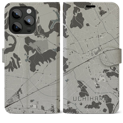 【内原（茨城県）】地図柄iPhoneケース（手帳タイプ）モノトーン・iPhone 15 Pro Max 用