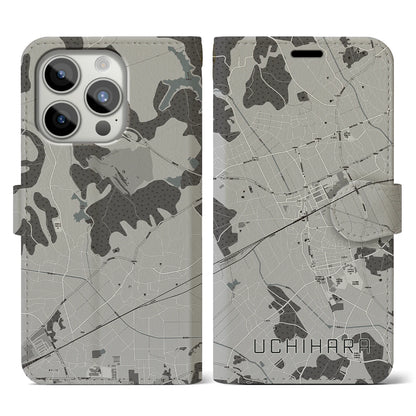 【内原（茨城県）】地図柄iPhoneケース（手帳タイプ）モノトーン・iPhone 15 Pro 用