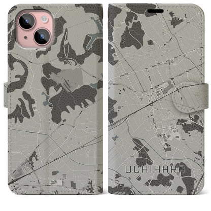 【内原（茨城県）】地図柄iPhoneケース（手帳タイプ）モノトーン・iPhone 15 Plus 用