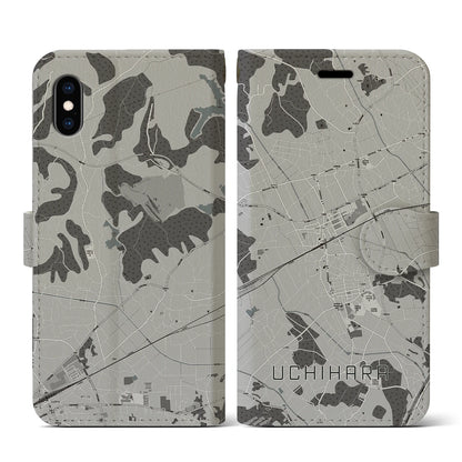 【内原（茨城県）】地図柄iPhoneケース（手帳タイプ）モノトーン・iPhone XS / X 用