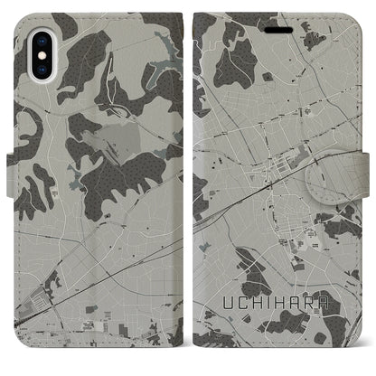 【内原（茨城県）】地図柄iPhoneケース（手帳タイプ）モノトーン・iPhone XS Max 用