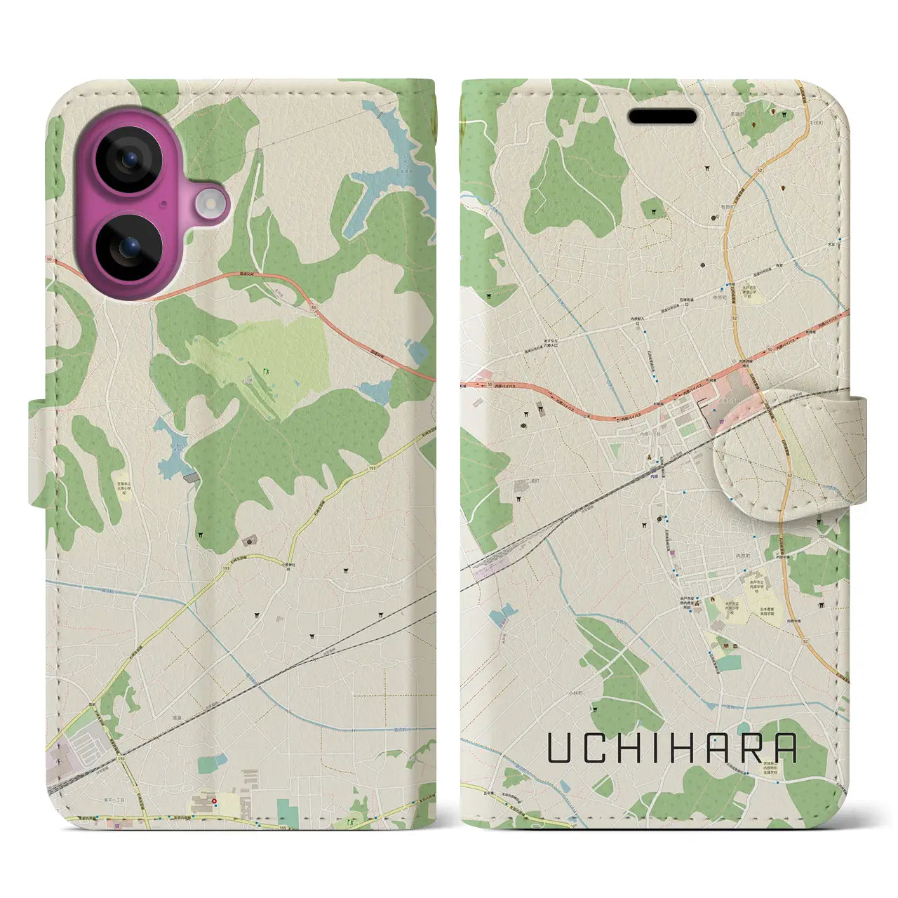 【内原（茨城県）】地図柄iPhoneケース（手帳タイプ）ナチュラル・iPhone 16 Pro 用