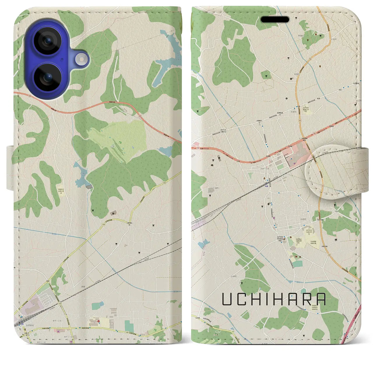 【内原（茨城県）】地図柄iPhoneケース（手帳タイプ）ナチュラル・iPhone 16 Pro Max 用