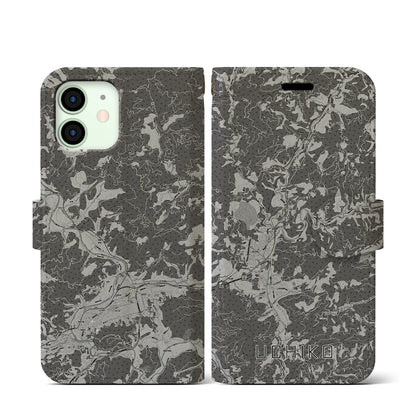 【内子（愛媛県）】地図柄iPhoneケース（手帳タイプ）モノトーン・iPhone 12 mini 用