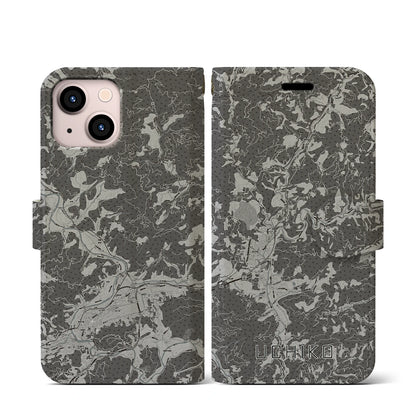 【内子（愛媛県）】地図柄iPhoneケース（手帳タイプ）モノトーン・iPhone 13 mini 用