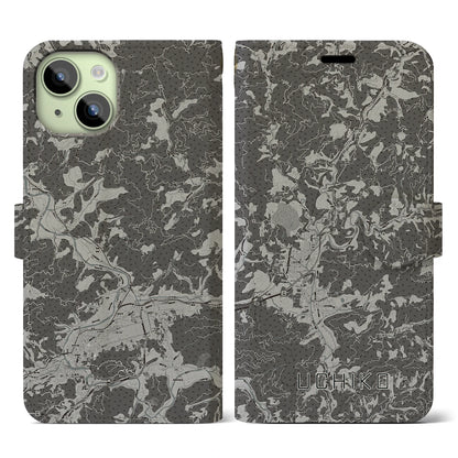 【内子（愛媛県）】地図柄iPhoneケース（手帳タイプ）モノトーン・iPhone 15 用