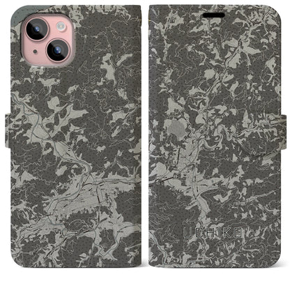 【内子（愛媛県）】地図柄iPhoneケース（手帳タイプ）モノトーン・iPhone 15 Plus 用