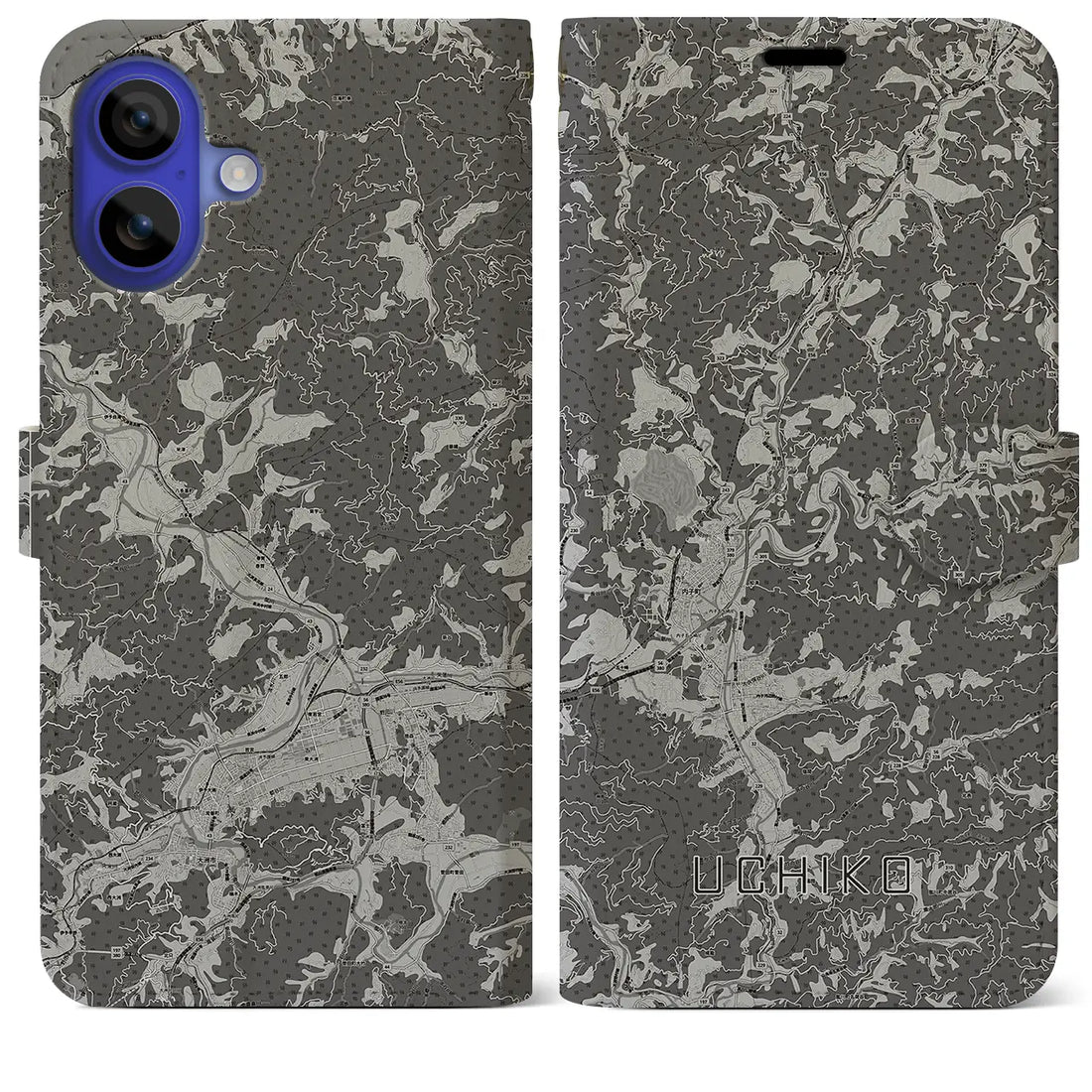 【内子(愛媛県)】地図柄iPhoneケース(手帳タイプ)モノトーン・iPhone 16 Pro Max 用
