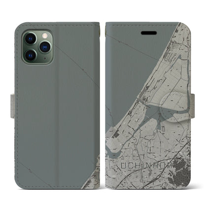 【内灘（石川県）】地図柄iPhoneケース（手帳タイプ）モノトーン・iPhone 11 Pro 用