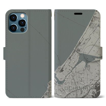 【内灘（石川県）】地図柄iPhoneケース（手帳タイプ）モノトーン・iPhone 12 / 12 Pro 用