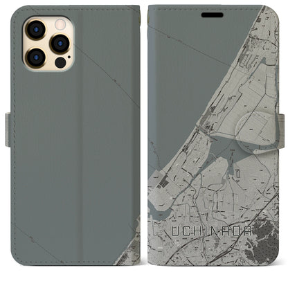 【内灘（石川県）】地図柄iPhoneケース（手帳タイプ）モノトーン・iPhone 12 Pro Max 用