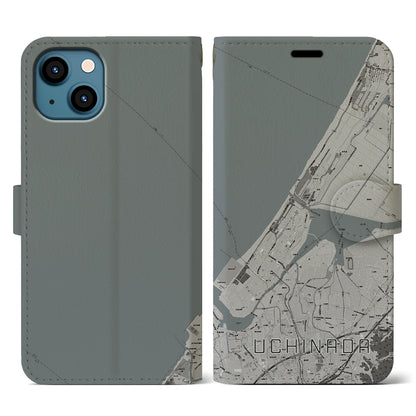 【内灘（石川県）】地図柄iPhoneケース（手帳タイプ）モノトーン・iPhone 13 用