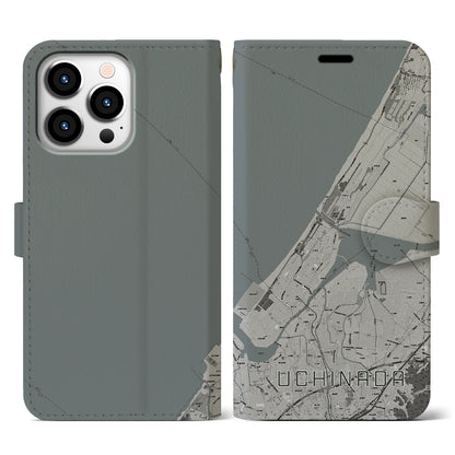 【内灘（石川県）】地図柄iPhoneケース（手帳タイプ）モノトーン・iPhone 13 Pro 用