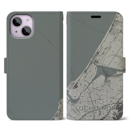 【内灘（石川県）】地図柄iPhoneケース（手帳タイプ）モノトーン・iPhone 14 用