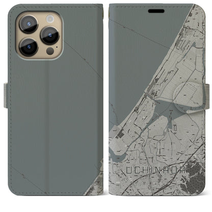 【内灘（石川県）】地図柄iPhoneケース（手帳タイプ）モノトーン・iPhone 14 Pro Max 用