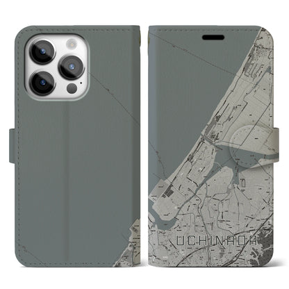 【内灘（石川県）】地図柄iPhoneケース（手帳タイプ）モノトーン・iPhone 14 Pro 用