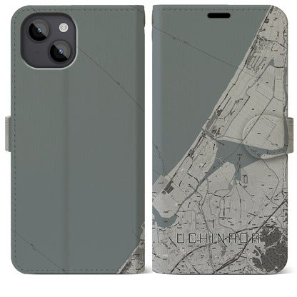 【内灘（石川県）】地図柄iPhoneケース（手帳タイプ）モノトーン・iPhone 14 Plus 用