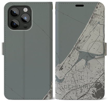 【内灘（石川県）】地図柄iPhoneケース（手帳タイプ）モノトーン・iPhone 15 Pro Max 用