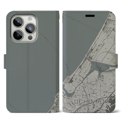 【内灘（石川県）】地図柄iPhoneケース（手帳タイプ）モノトーン・iPhone 15 Pro 用