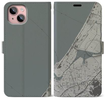 【内灘（石川県）】地図柄iPhoneケース（手帳タイプ）モノトーン・iPhone 15 Plus 用