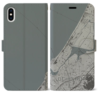 【内灘（石川県）】地図柄iPhoneケース（手帳タイプ）モノトーン・iPhone XS Max 用