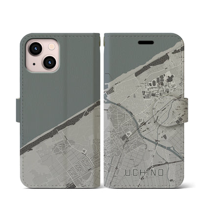 【内野（新潟県）】地図柄iPhoneケース（手帳タイプ）モノトーン・iPhone 13 mini 用