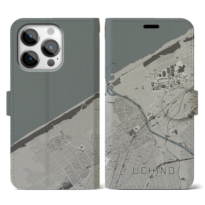 【内野（新潟県）】地図柄iPhoneケース（手帳タイプ）モノトーン・iPhone 14 Pro 用