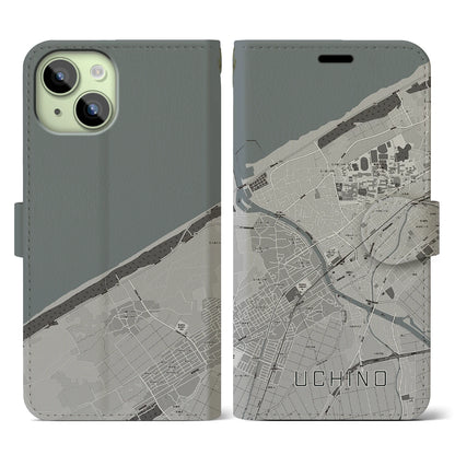 【内野（新潟県）】地図柄iPhoneケース（手帳タイプ）モノトーン・iPhone 15 用