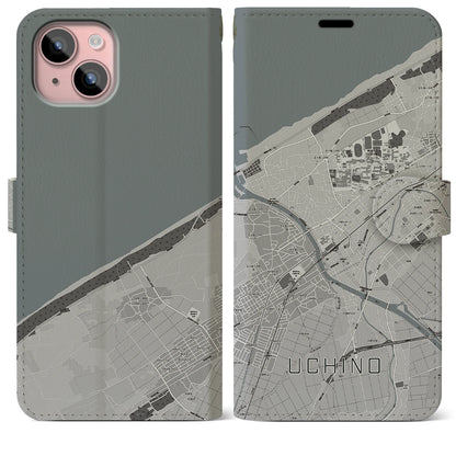 【内野（新潟県）】地図柄iPhoneケース（手帳タイプ）モノトーン・iPhone 15 Plus 用