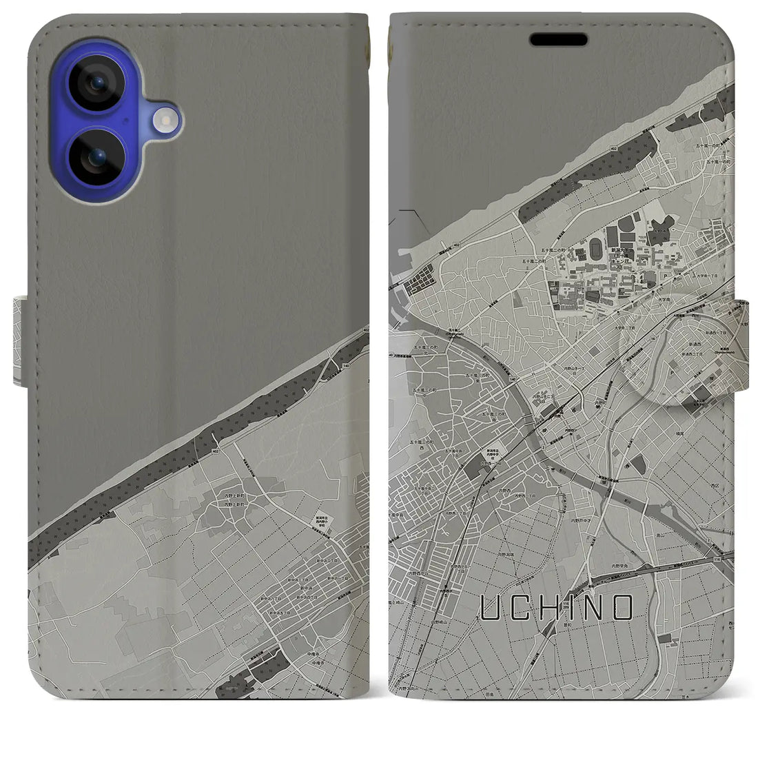 【内野(新潟県)】地図柄iPhoneケース(手帳タイプ)モノトーン・iPhone 16 Pro Max 用