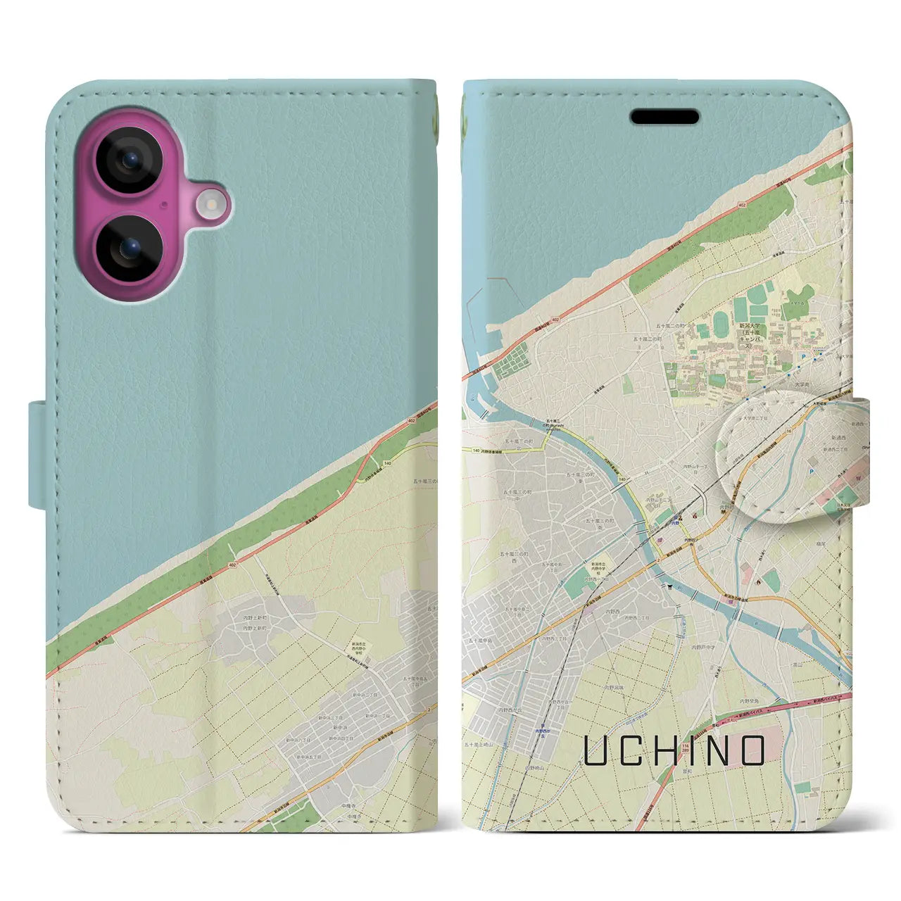 【内野（新潟県）】地図柄iPhoneケース（手帳タイプ）ナチュラル・iPhone 16 Pro 用