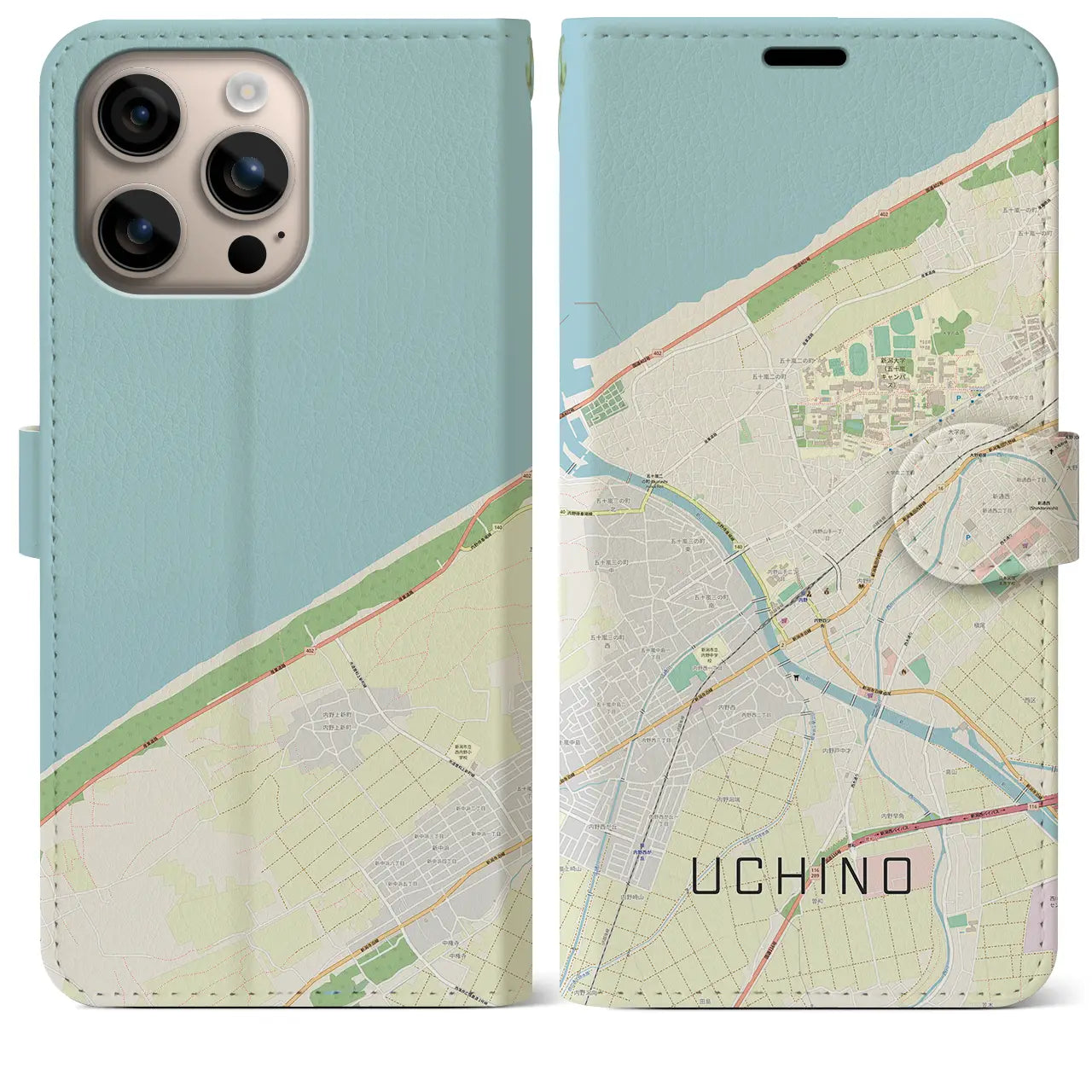 【内野（新潟県）】地図柄iPhoneケース（手帳タイプ）ナチュラル・iPhone 16 Plus 用