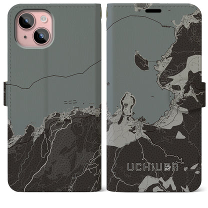 【内浦（静岡県）】地図柄iPhoneケース（手帳タイプ）モノトーン・iPhone 15 Plus 用