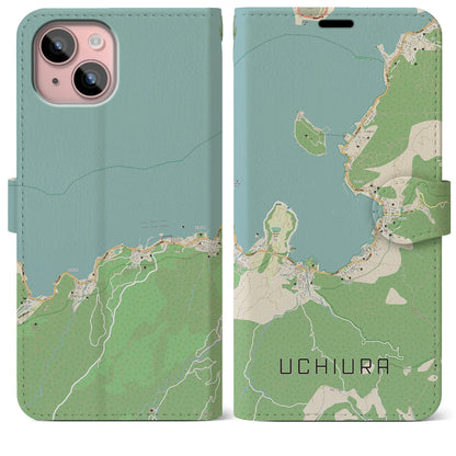 【内浦（静岡県）】地図柄iPhoneケース（手帳タイプ）ナチュラル・iPhone 15 Plus 用