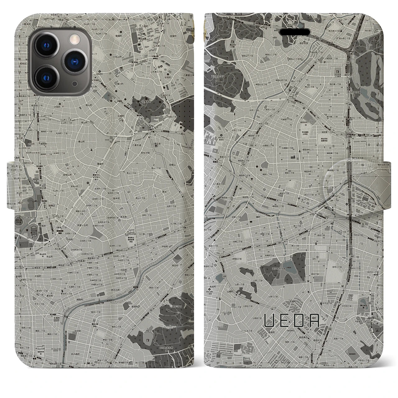 【植田】地図柄iPhoneケース（手帳両面タイプ・モノトーン）iPhone 11 Pro Max 用
