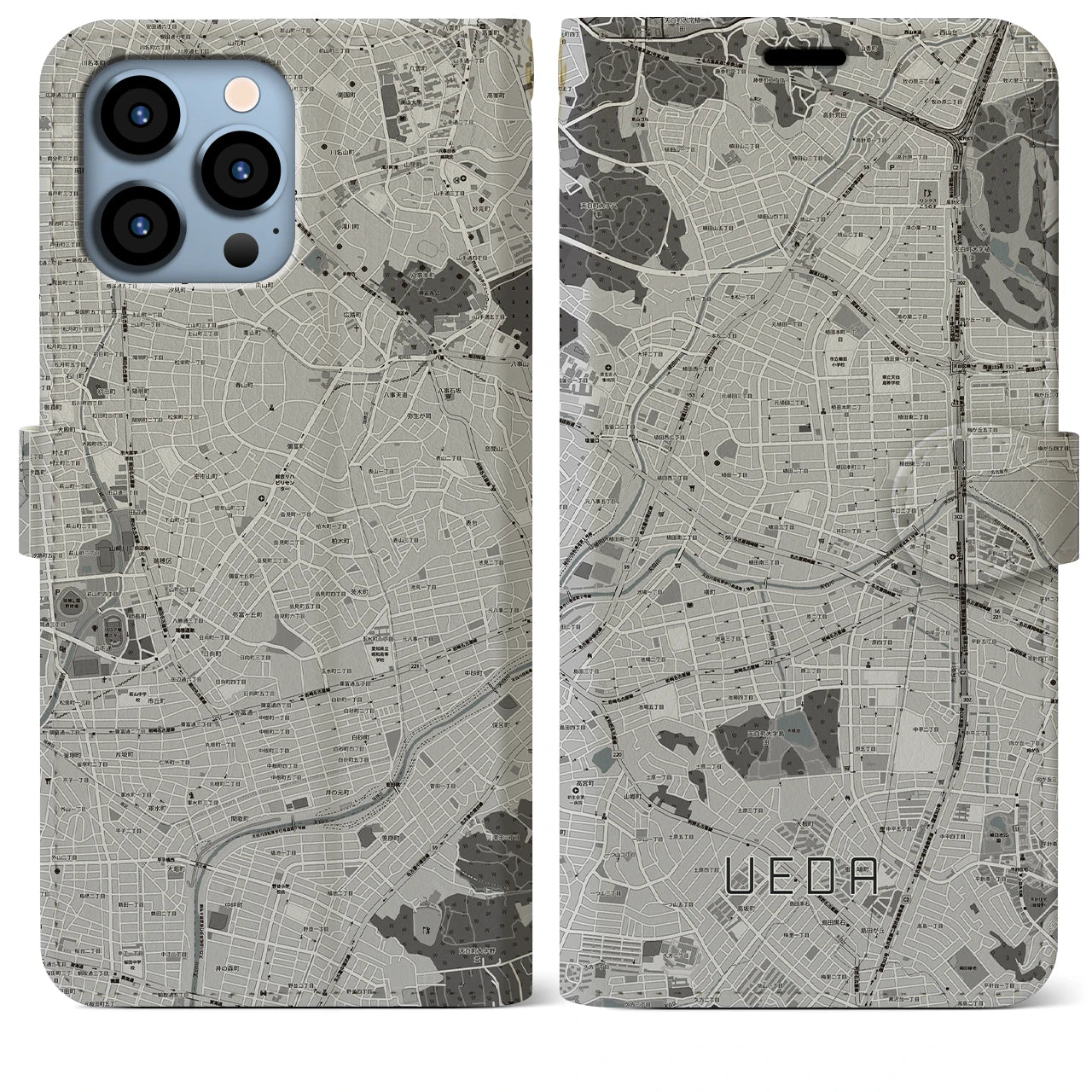 【植田】地図柄iPhoneケース（手帳両面タイプ・モノトーン）iPhone 13 Pro Max 用