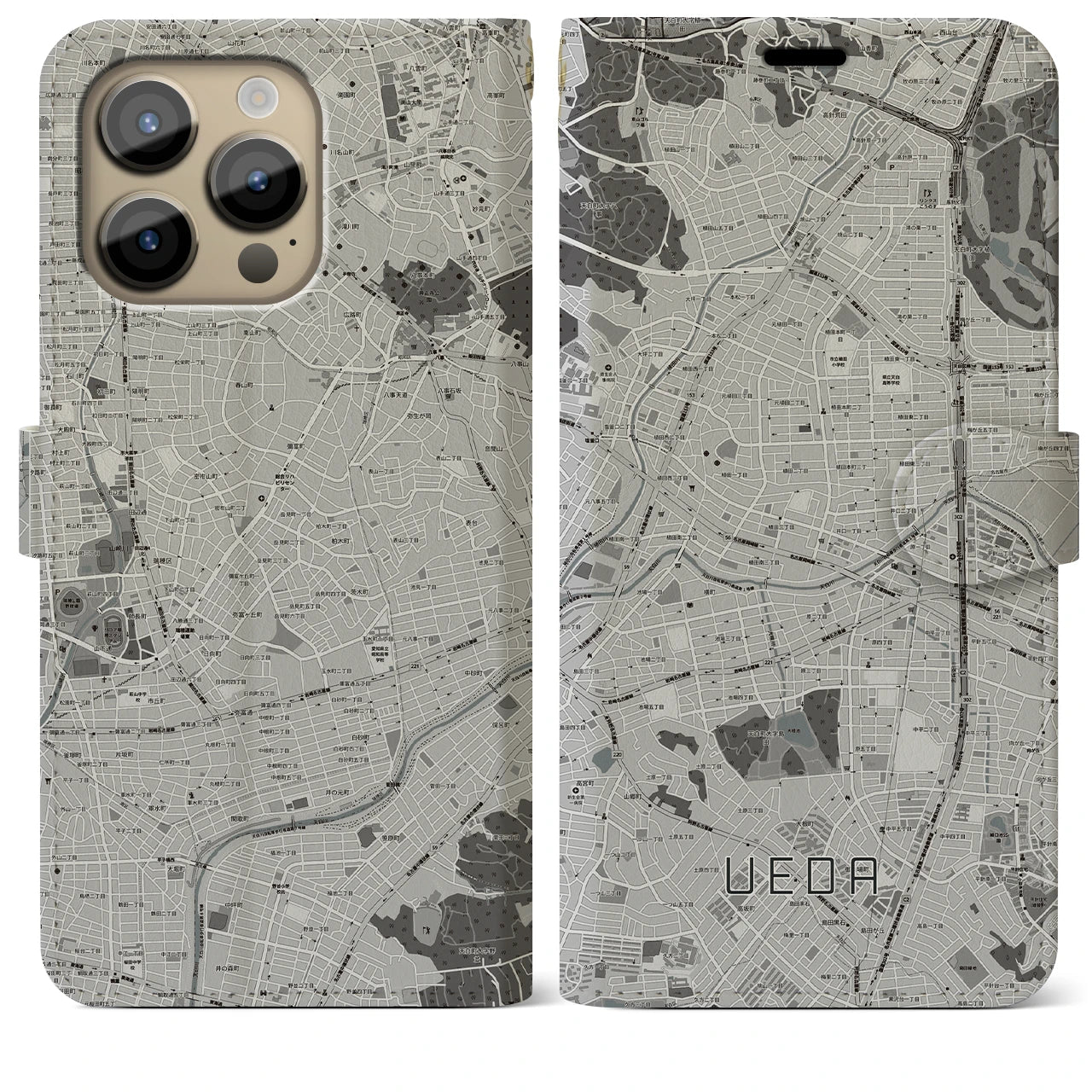 【植田】地図柄iPhoneケース（手帳両面タイプ・モノトーン）iPhone 14 Pro Max 用