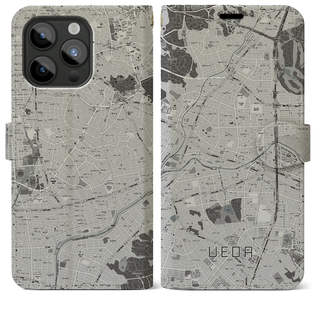 【植田】地図柄iPhoneケース（手帳両面タイプ・モノトーン）iPhone 15 Pro Max 用
