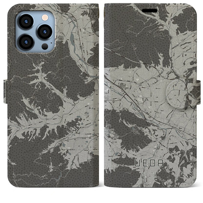 【上田（長野県）】地図柄iPhoneケース（手帳タイプ）モノトーン・iPhone 13 Pro Max 用