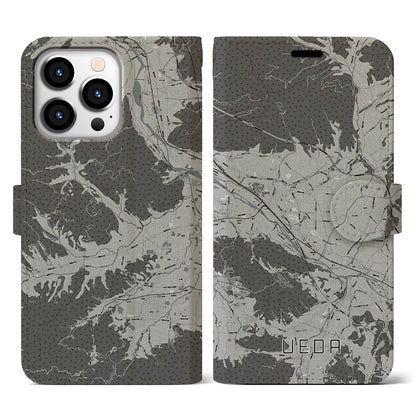 【上田（長野県）】地図柄iPhoneケース（手帳タイプ）モノトーン・iPhone 13 Pro 用