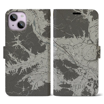 【上田（長野県）】地図柄iPhoneケース（手帳タイプ）モノトーン・iPhone 14 用