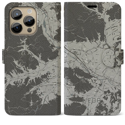 【上田（長野県）】地図柄iPhoneケース（手帳タイプ）モノトーン・iPhone 14 Pro Max 用