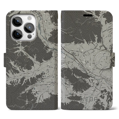 【上田（長野県）】地図柄iPhoneケース（手帳タイプ）モノトーン・iPhone 14 Pro 用