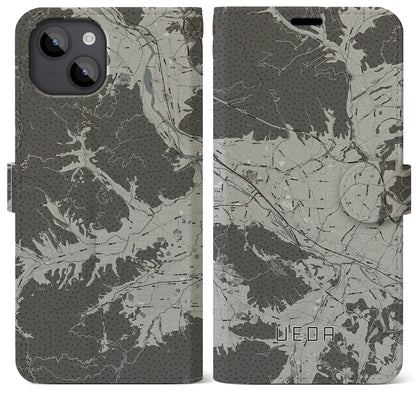 【上田（長野県）】地図柄iPhoneケース（手帳タイプ）モノトーン・iPhone 14 Plus 用