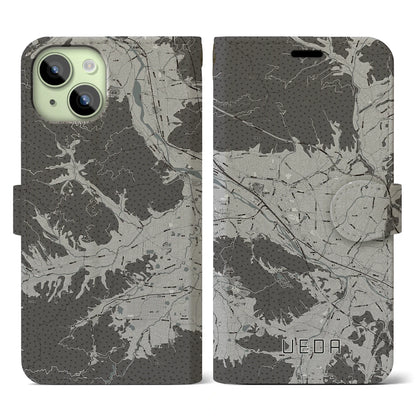 【上田（長野県）】地図柄iPhoneケース（手帳タイプ）モノトーン・iPhone 15 用