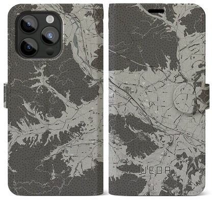 【上田（長野県）】地図柄iPhoneケース（手帳タイプ）モノトーン・iPhone 15 Pro Max 用