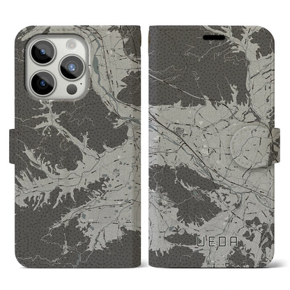 【上田（長野県）】地図柄iPhoneケース（手帳タイプ）モノトーン・iPhone 15 Pro 用